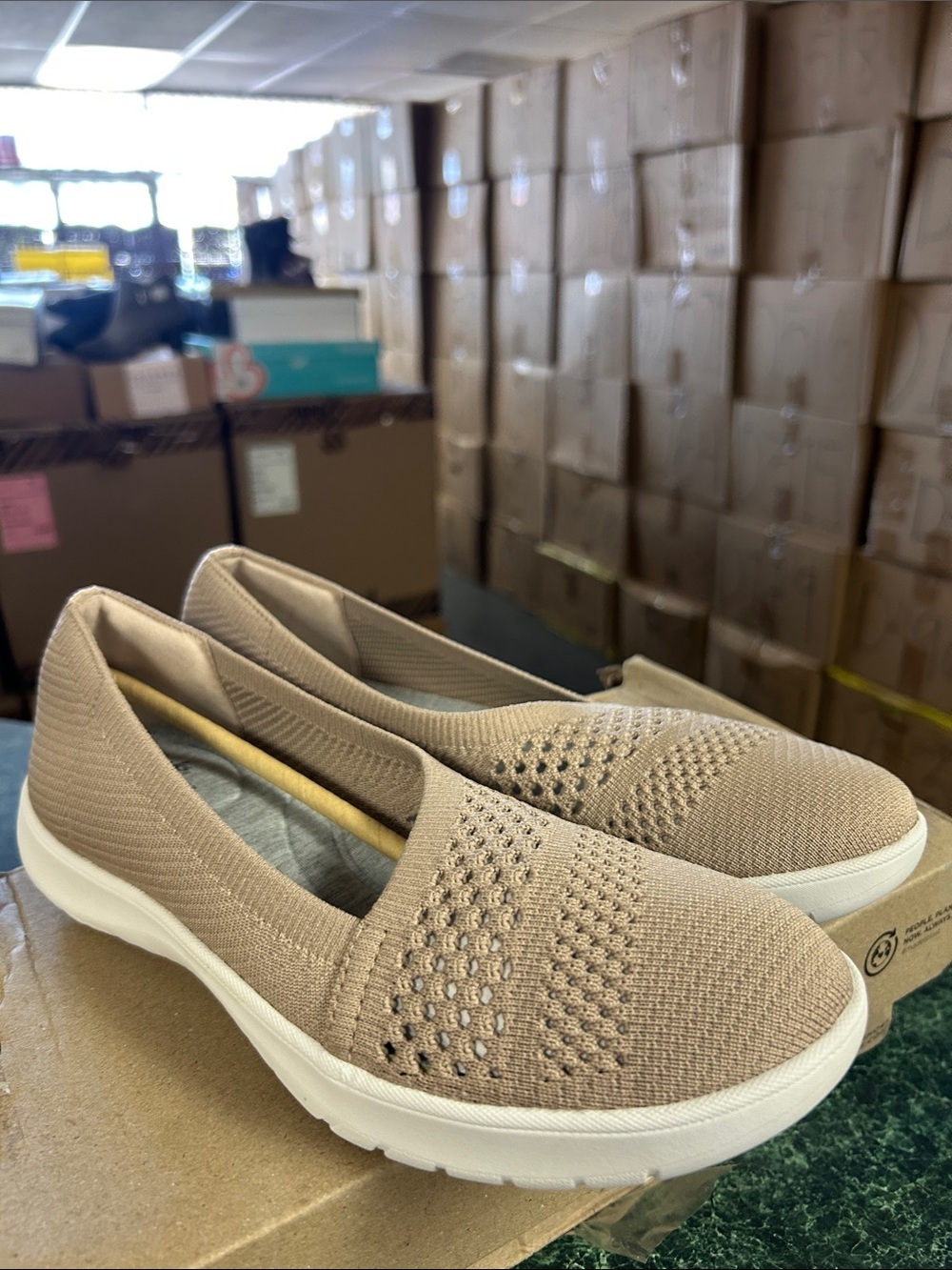 Clarks Beige Knit Slip-On Flats with Cushioned White Sole
